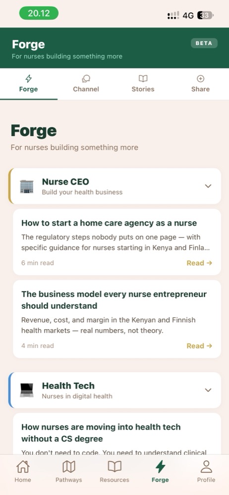 The Forge with career articles for nurse entrepreneurs and nurses in health tech