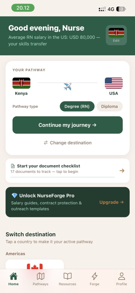 NurseForge Home screen showing a Kenya to USA pathway, the document checklist and NurseForge Pro
