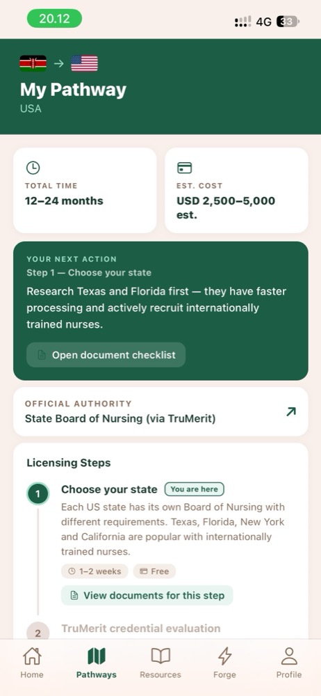 My Pathway screen with total time, estimated cost and step-by-step licensing steps