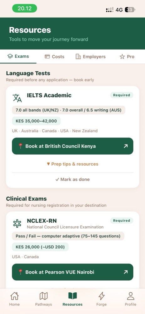 NurseForge Resources screen with IELTS and NCLEX booking information and costs in Kenyan shillings